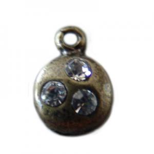 Antique brass round charm 10x7mm with 3 rhinestones